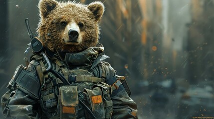 Protective Bear as a Security Guard: A bear in a security uniform, with a walkie-talkie, standing firm against a dark grey background. - obrazy, fototapety, plakaty