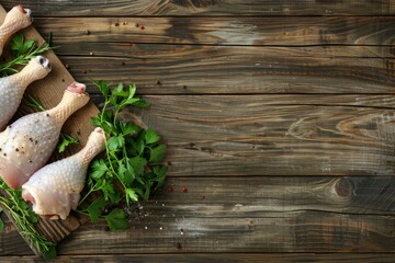 Top-down view of raw chicken legs garnished with fresh parsley on a wooden cutting board