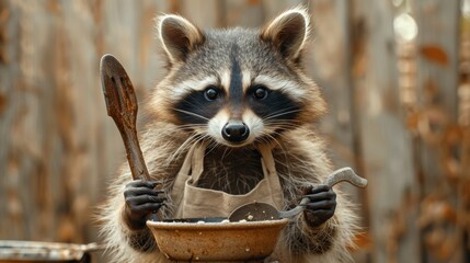Resourceful Raccoon as a Chef: A raccoon wearing a chef's hat and apron, holding a ladle, against a cream background. - obrazy, fototapety, plakaty