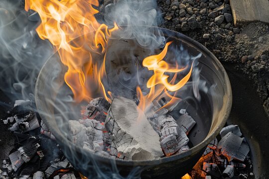 raku firing process with flames and smoke