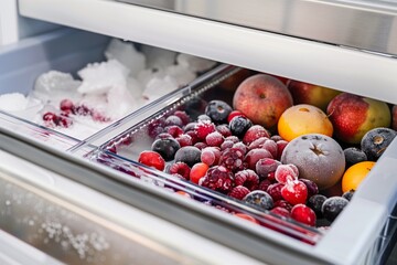 open freezer drawer with frozen fruits and berries - obrazy, fototapety, plakaty