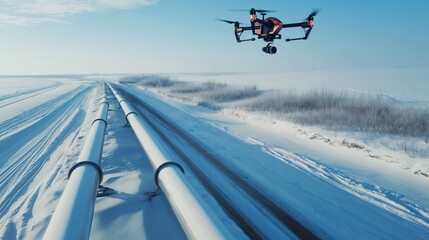 A drone flies over parallel pipelines alongside a snowy road, monitoring infrastructure in a winter setting. - obrazy, fototapety, plakaty