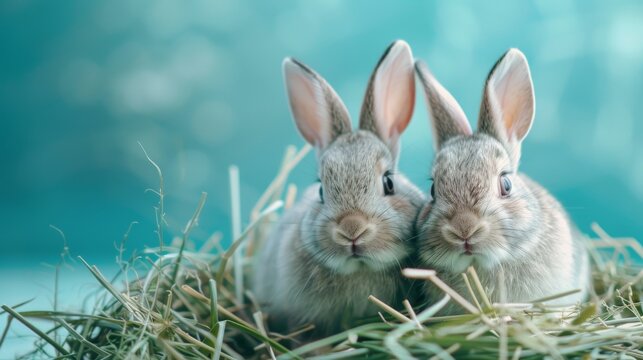 Pair of happy rabbits in fresh green grass with a soft blue background