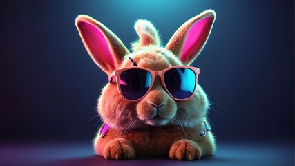 Adorable bunny wearing sunglasses. isolated against a dark backdrop. fluorescent lights. vibrant digital illustration in three dimensions