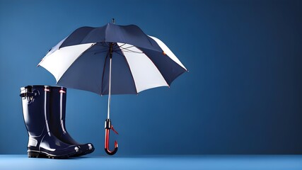 Blue rubber boots and an umbrella on a blue background with copy space - obrazy, fototapety, plakaty