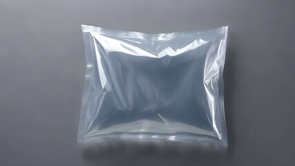 Transparent plastic bag on gray background. Transparent plastic pillow