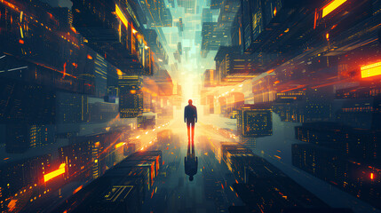A man is walking through a city with tall buildings and bright lights. The scene is surreal and gives off a feeling of being in a dreamlike state