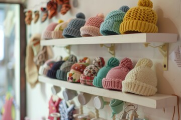 mounted shelf with a collection of baby beanies