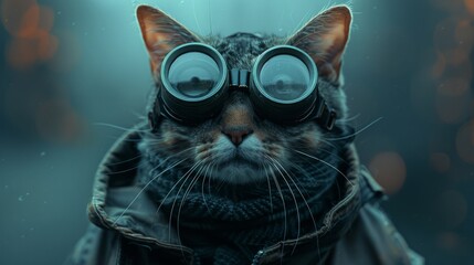 Spy Cat on a Secret Mission: Envision a cat with night-vision goggles, lurking in the shadows,...
