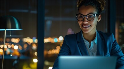 A businesswoman in a blue suit smiling while working on a laptop at the office. Portrait of a happy middle-aged woman with curly hair wearing glasses using a computer for work or online learning