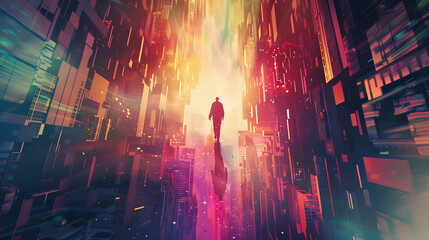 A man is walking through a city with tall buildings and bright lights. The scene is surreal and gives off a feeling of being in a dreamlike state