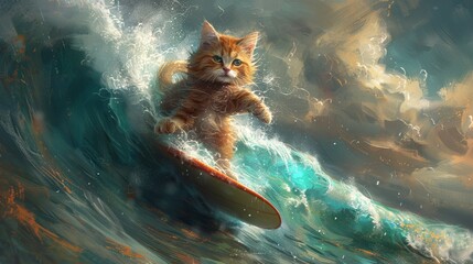Surfer Cat Catching Waves: Visualize a cat on a surfboard, riding a wave, against a backdrop of pastel blue and turquoise, suggesting the ocean and sky.