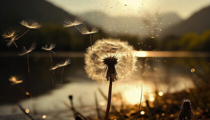 A closeup image of a dandelion and its seed flying away near a lake at sunset.  - obrazy, fototapety, plakaty