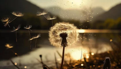 Foto op Plexiglas A closeup image of a dandelion and its seed flying away near a lake at sunset.  © Taha
