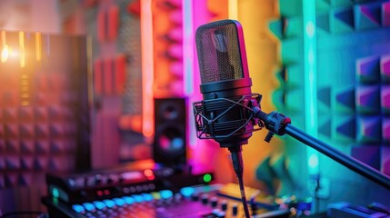 Vibrant podcast studio setup celebrating gay pride, with rainbow decorations