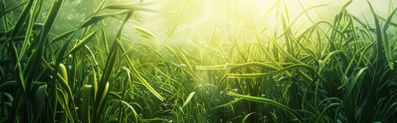 The sun shines on the green grass, with a closeup of tall ears of rice in spring and a panoramic view. Idyllic scene of nature, showcasing harmony between plants and sunlight