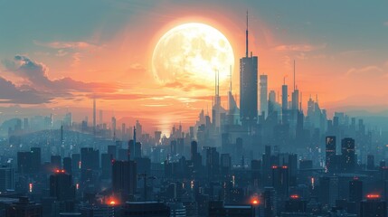 Skyline: A futuristic city skyline with towering skyscrapers and advanced transportation systems - obrazy, fototapety, plakaty