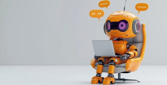 A cute robot sitting on an armchair with laptop and talking to the user, purple eyes, speech bubbles above his head in orange color. concept of chatbot for customer support or sales service