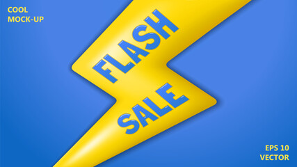 Flash sale. Large zigzag yellow lightning on a blue background. Trendy poster with plastic cartoon flash. Realistic 3d design. Vector template
