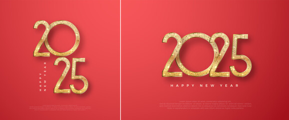 New Year 2025 Design. With luxurious and beautiful gold and gold glitter numbers. Premium Vector Design for Happy New Year 2025 greetings and celebrations.