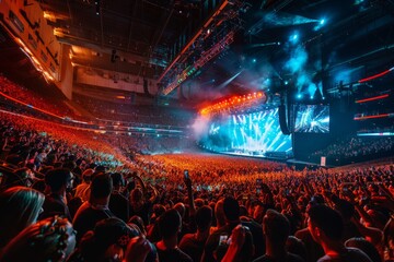A wide-angle view capturing a massive crowd of people gathered at a concert venue, enjoying the live music and atmosphere