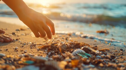 Save water. Volunteer pick up trash garbage at the beach and plastic bottles are difficult decompose prevent harm aquatic life. Earth, Environment, Greening planet, reduce global warming, Save world