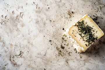 A piece of cheese topped with herbs, reflecting southern home style and rustic aesthetics in a minimalistic composition - obrazy, fototapety, plakaty