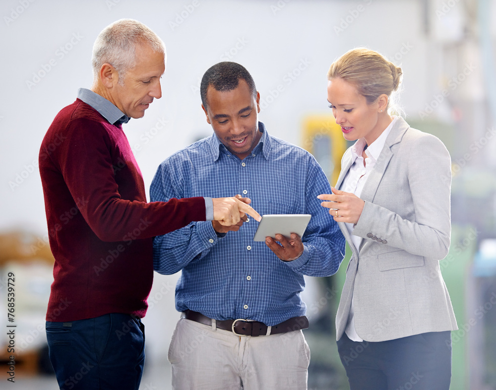 Poster business people, group and tablet with teamwork, planning and brainstorming with digital app. staff,