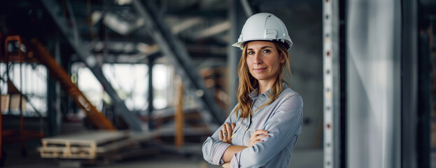 Female builder standing proudly with project plans in hands, white helmet on her head, In the background building place area, building machines. AI Generative.