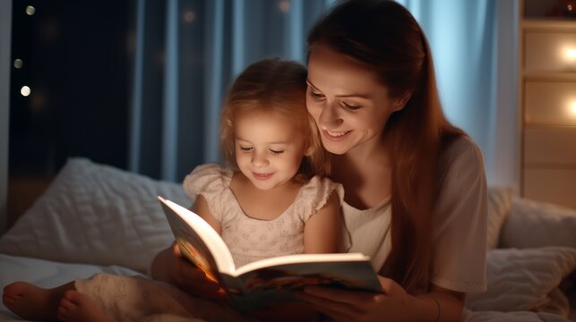 Happy Asian mother relax and read book with baby time together at home. parent sit on sofa with daughter and reading a story. learn development, childcare, laughing, education, storytelling, practice