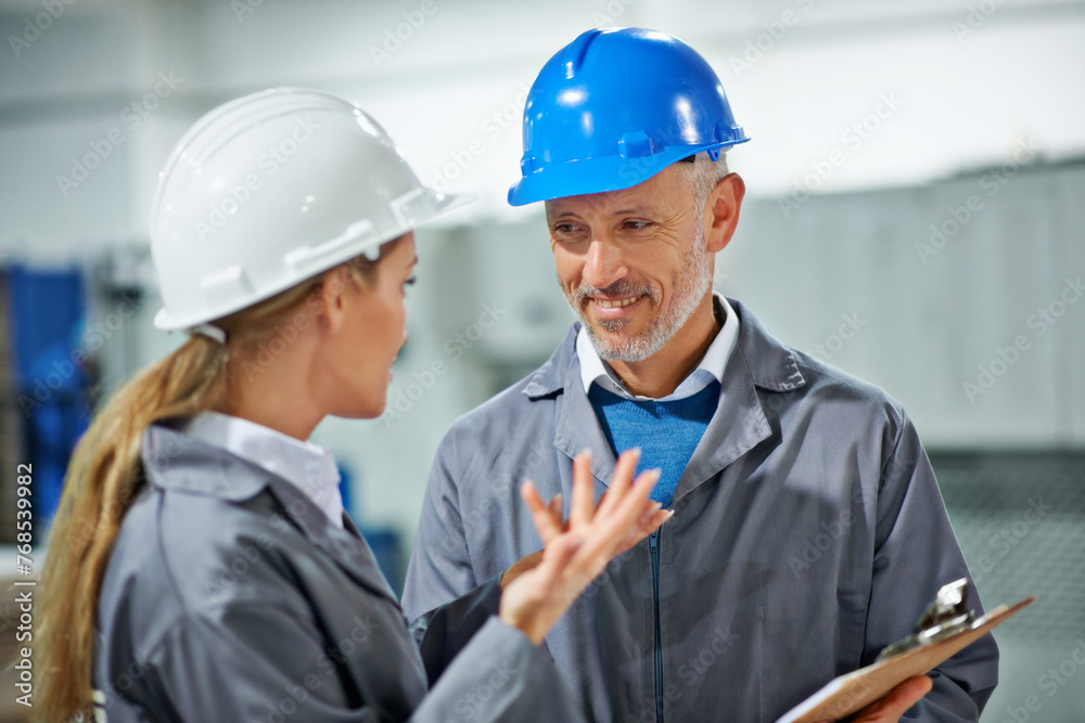 Poster smile, factory and team of engineers in discussion with checklist for industrial inventory. warehous