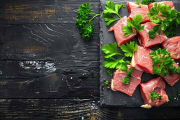 Fresh raw meat and parsley displayed on a clean cutting board in a rustic southern home style setting - obrazy, fototapety, plakaty