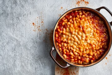 A pot filled with baked beans on a table, showcasing a southern home style aesthetic - obrazy, fototapety, plakaty
