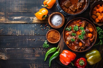 A rustic table is adorned with bowls of hearty stew and fresh vegetables, showcasing a comforting southern home-style meal - obrazy, fototapety, plakaty