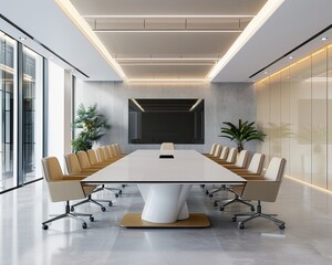 minimalist boardroom setup with a long table sleek chairs