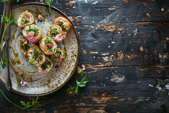 A plate of appetizers sits on a rustic wooden table in a bright setting