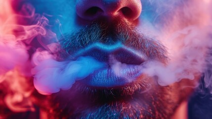 Close-Up of Bearded Man Exhaling Vapor in a Neon-Lit Setting at Night - obrazy, fototapety, plakaty
