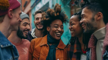 A multicultural group of friends laughing and enjoying each other, diversity and inclusion in the workplace - obrazy, fototapety, plakaty