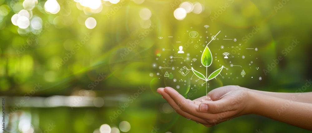 Poster Icons of the environment over a network connection on a green background.