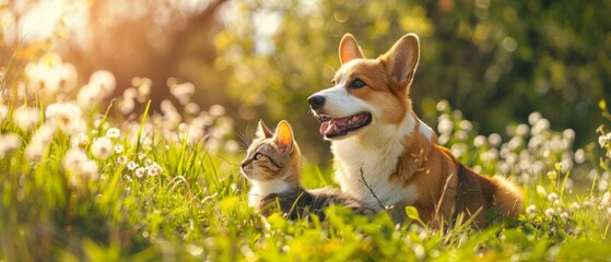 An adorable corgi dog and a tabby cat relax in a sunny spring meadow together - obrazy, fototapety, plakaty
