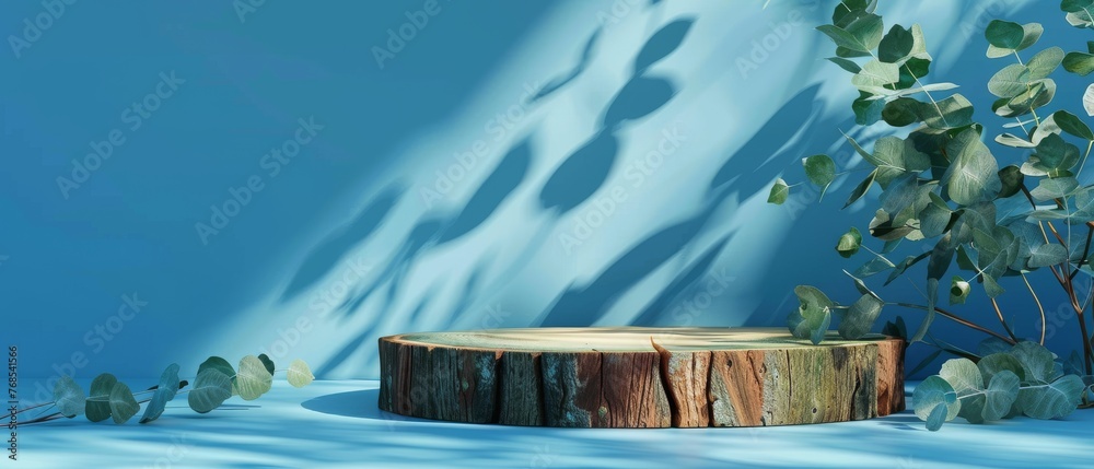 Poster 3D of an empty wood slice podium with leaves and shadows on a blue background. Mock up stand for product presentation. Minimal concept. Advertising template.
