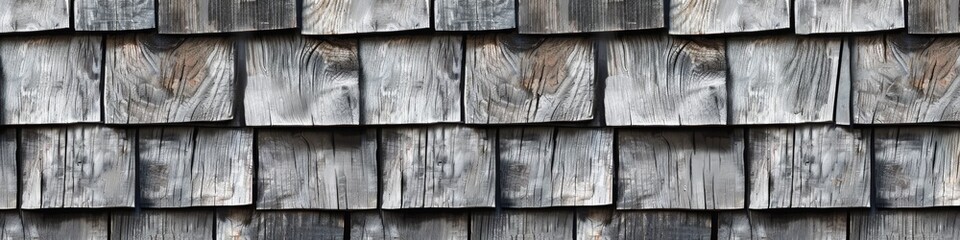 Abstract seamless pattern of grey shingle roof texture, wooden wall background with wood shaman tiles. Wide banner design for home exterior or web design and print. Top view. Panorama