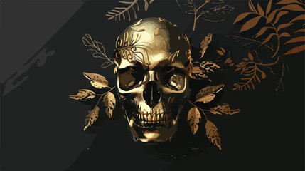Realistic golden skull with leaves isolated on black.
