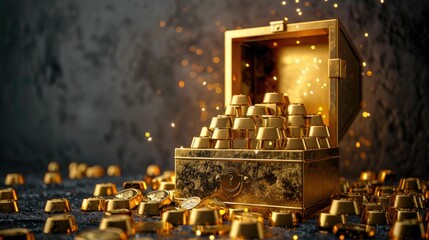 Stunning 3D render of an open safe box overflowing with golden ingots, highlighted against a dark backdrop