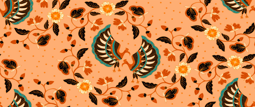 Batik Hand-drawing leaf floral bird nature geometry seamless. Line art decoration , fashion textile design.