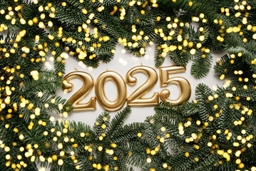 Holiday background Happy New Year 2025. Numbers of year 2025 made by gold candles on background with fir tree. celebrating New Year holiday, close-up. Space for text - 768542702