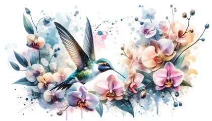 Muurstickers A beautiful scene featuring a hummingbird in flight, surrounded by orchid flowers. The artwork is rendered in bright, subtle tones, employing a diluted watercolor technique that gives it a soft © Tanicsean