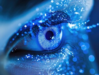 An image of eyes in dark blue shades, detailed with delicate glowing lines and dots. Eye research, future technologies, biometrics, health care. AI