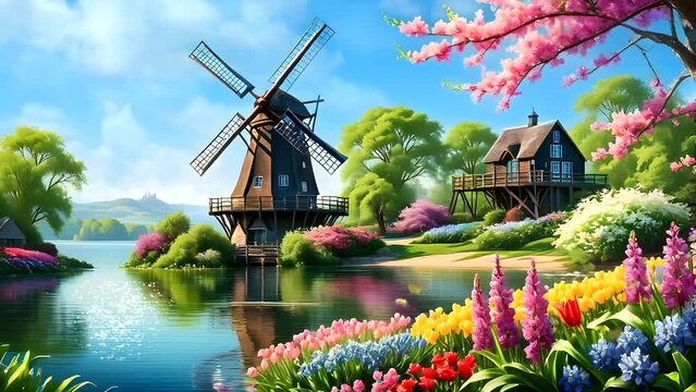 Windmill with tulips in the country. Seamless looping time-lapse 4k video animation background