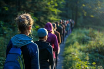 line of people on a morning mindfulness walk through trails